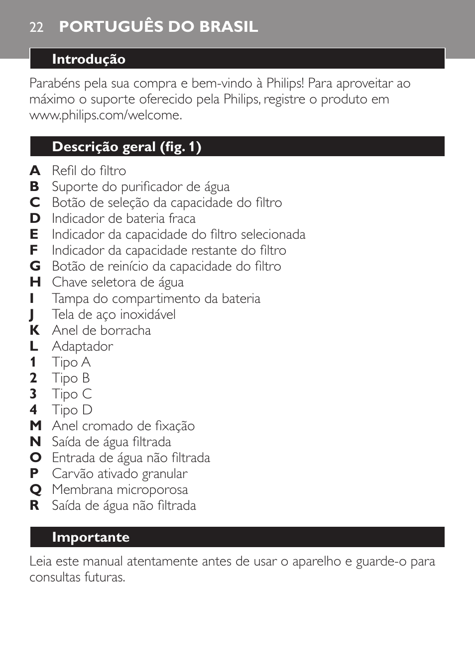 Português do brasil, Introdução, Descrição geral (fig. 1) | Importante | Philips WP3820 User Manual | Page 22 / 44