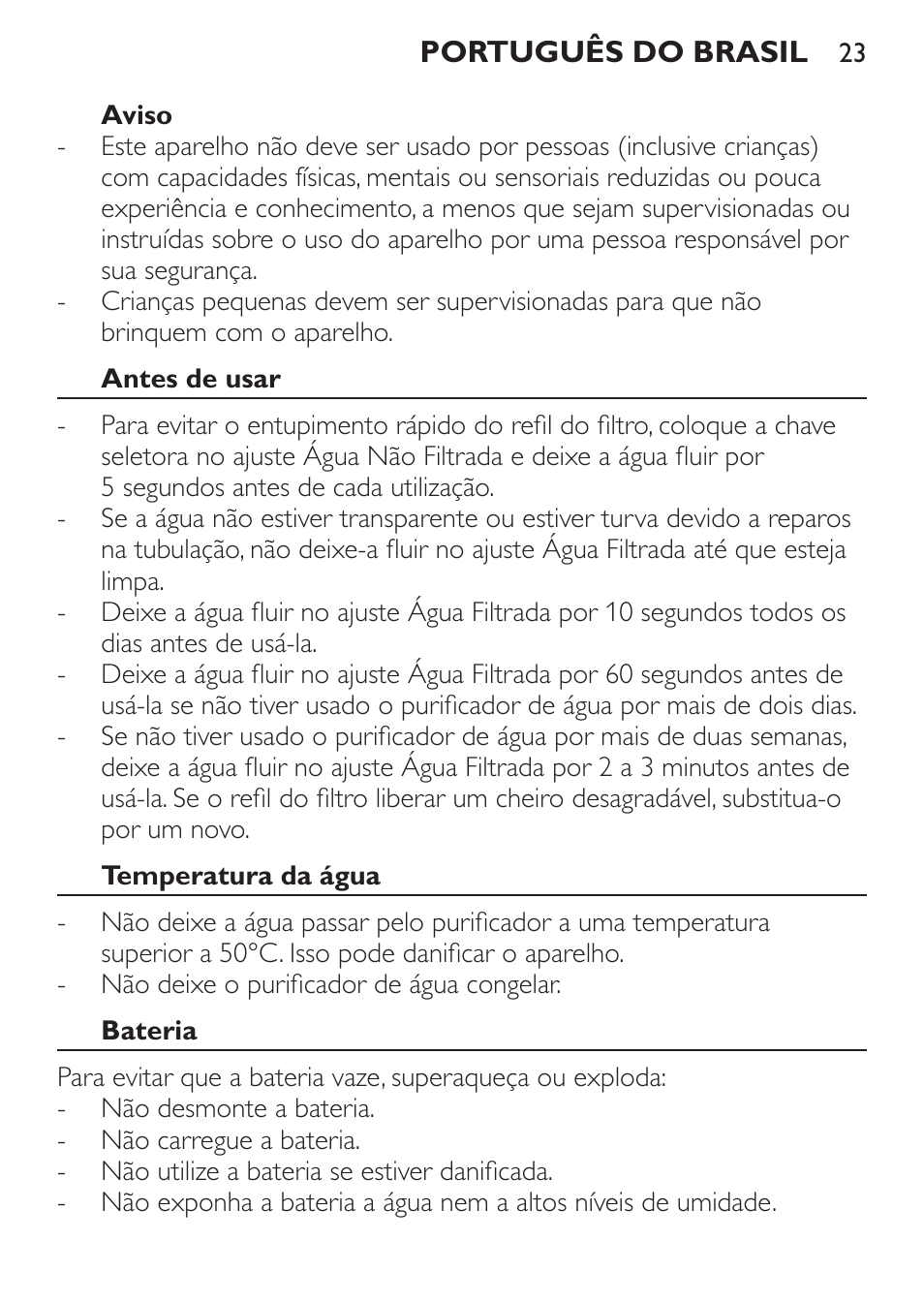 Aviso, Antes de usar, Temperatura da água | Bateria | Philips WP3820 User Manual | Page 23 / 44