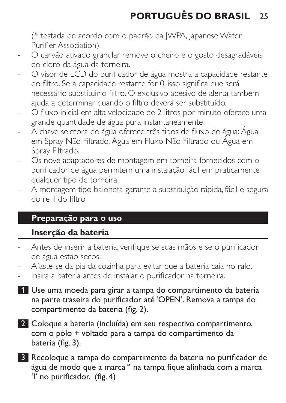 Preparação para o uso, Inserção da bateria | Philips WP3820 User Manual | Page 25 / 44