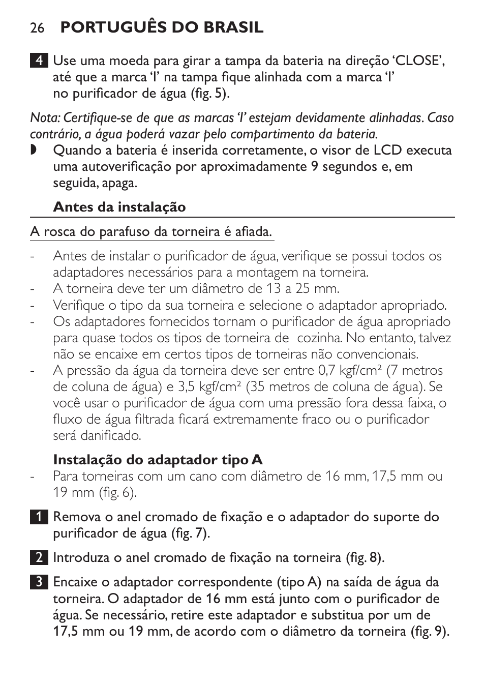 Antes da instalação, Instalação do adaptador tipo a | Philips WP3820 User Manual | Page 26 / 44