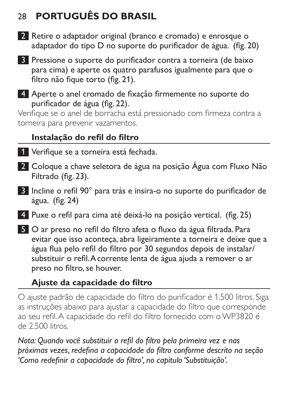 Instalação do refil do filtro, Ajuste da capacidade do filtro | Philips WP3820 User Manual | Page 28 / 44