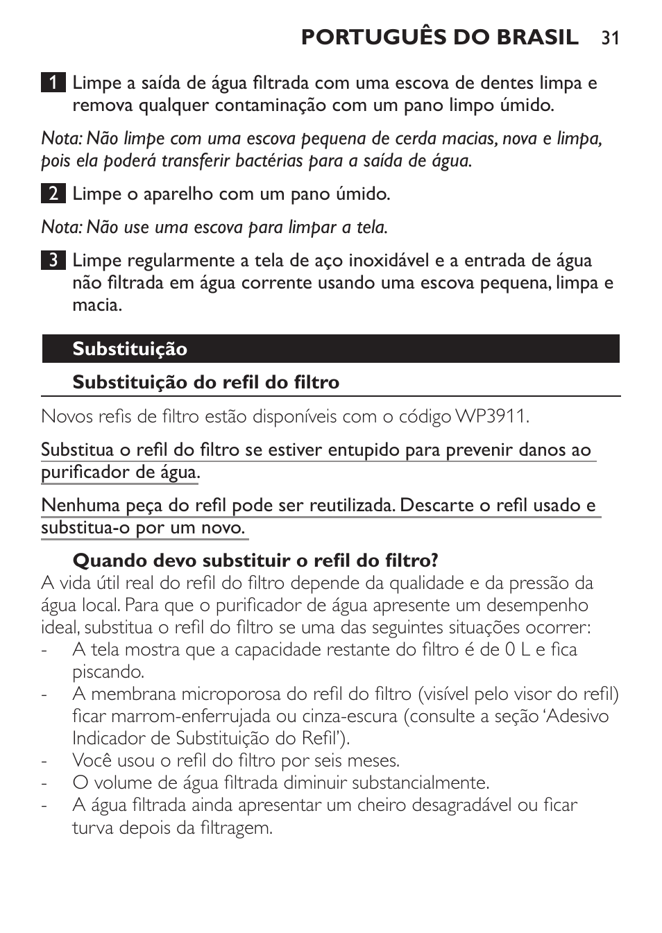 Substituição, Substituição do refil do filtro, Quando devo substituir o refil do filtro | Philips WP3820 User Manual | Page 31 / 44