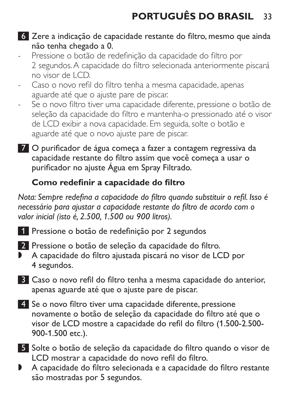 Como redefinir a capacidade do filtro | Philips WP3820 User Manual | Page 33 / 44