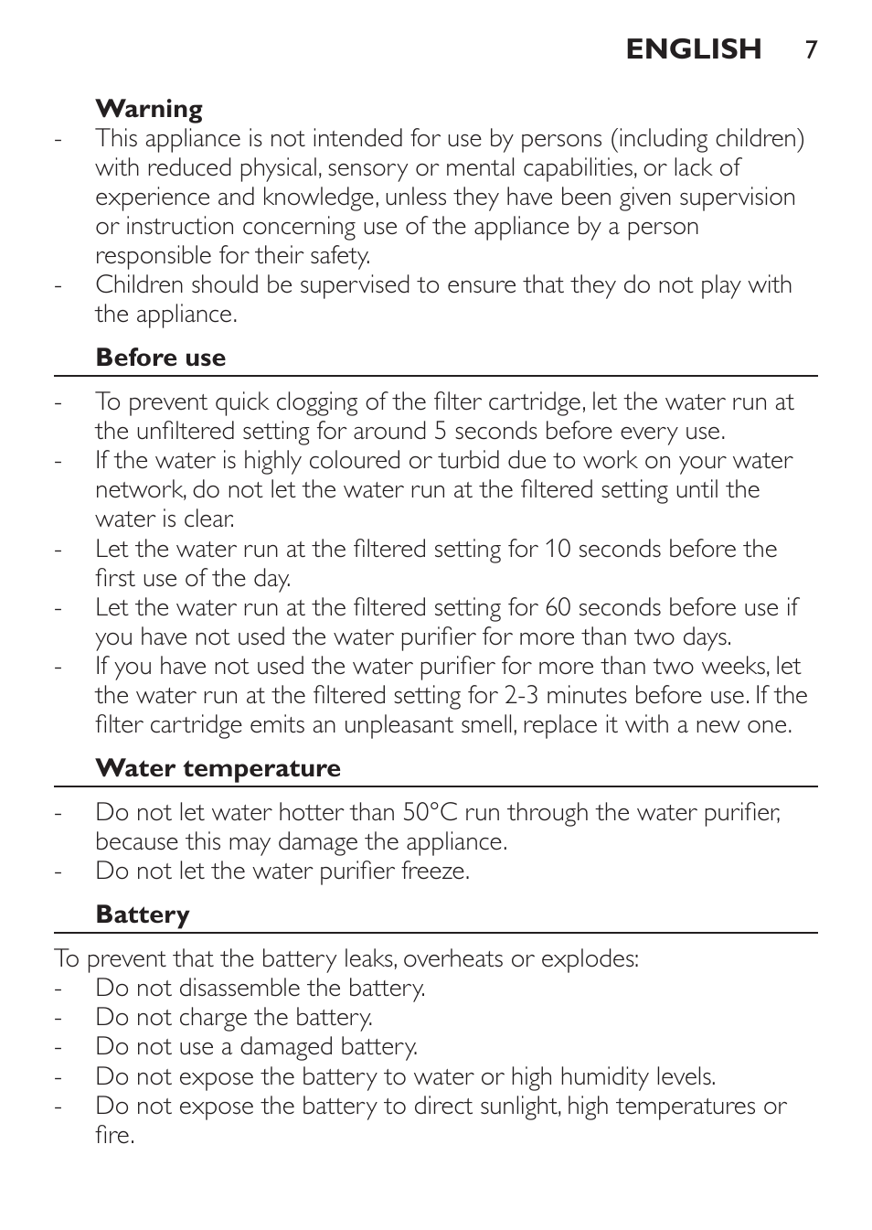 Warning, Before use, Water temperature | Battery | Philips WP3820 User Manual | Page 7 / 44