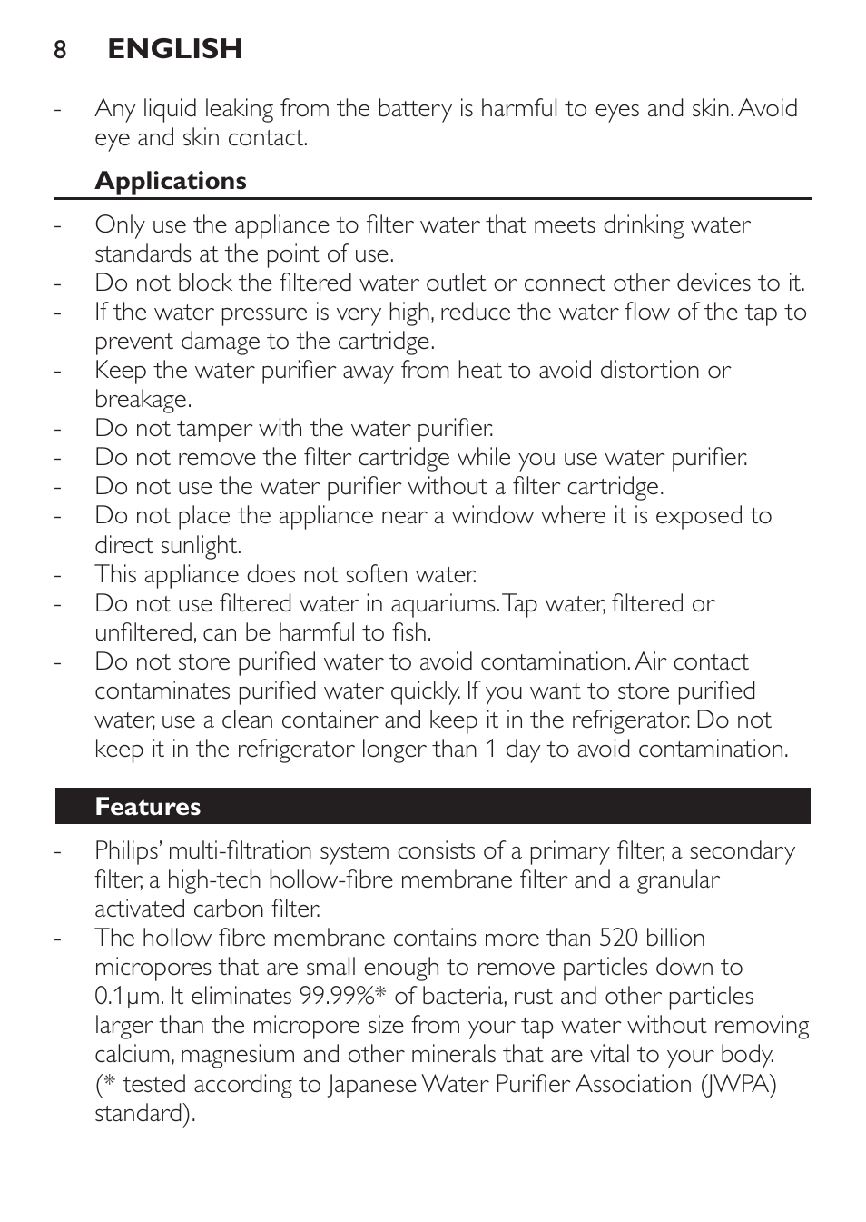 Applications, Features | Philips WP3820 User Manual | Page 8 / 44