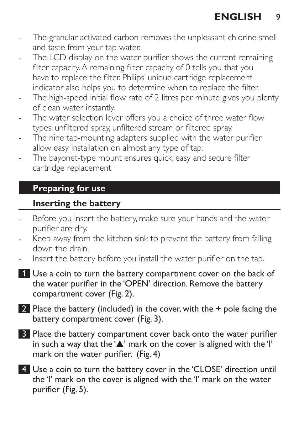 Preparing for use, Inserting the battery | Philips WP3820 User Manual | Page 9 / 44