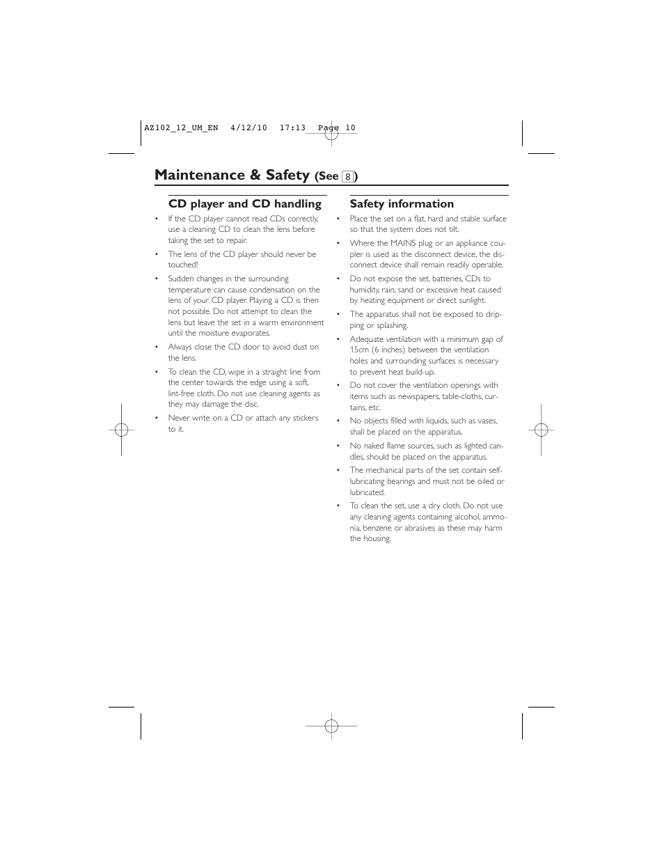 Maintenance & safety, Cd player and cd handling, Safety information | See 8 ) | Philips AZ102N User Manual | Page 10 / 14