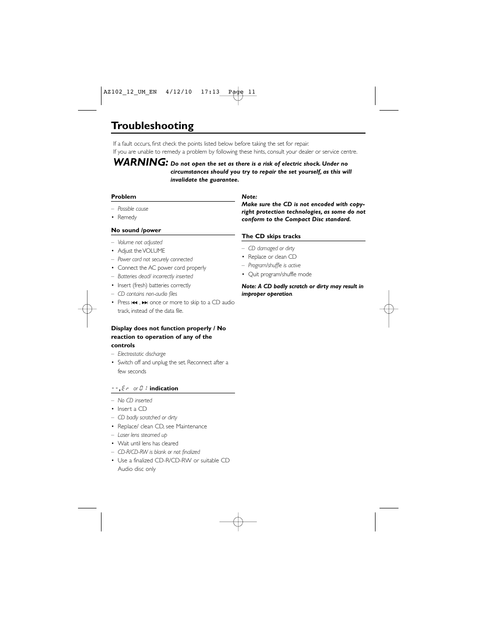 Troubleshooting, Warning | Philips AZ102N User Manual | Page 11 / 14