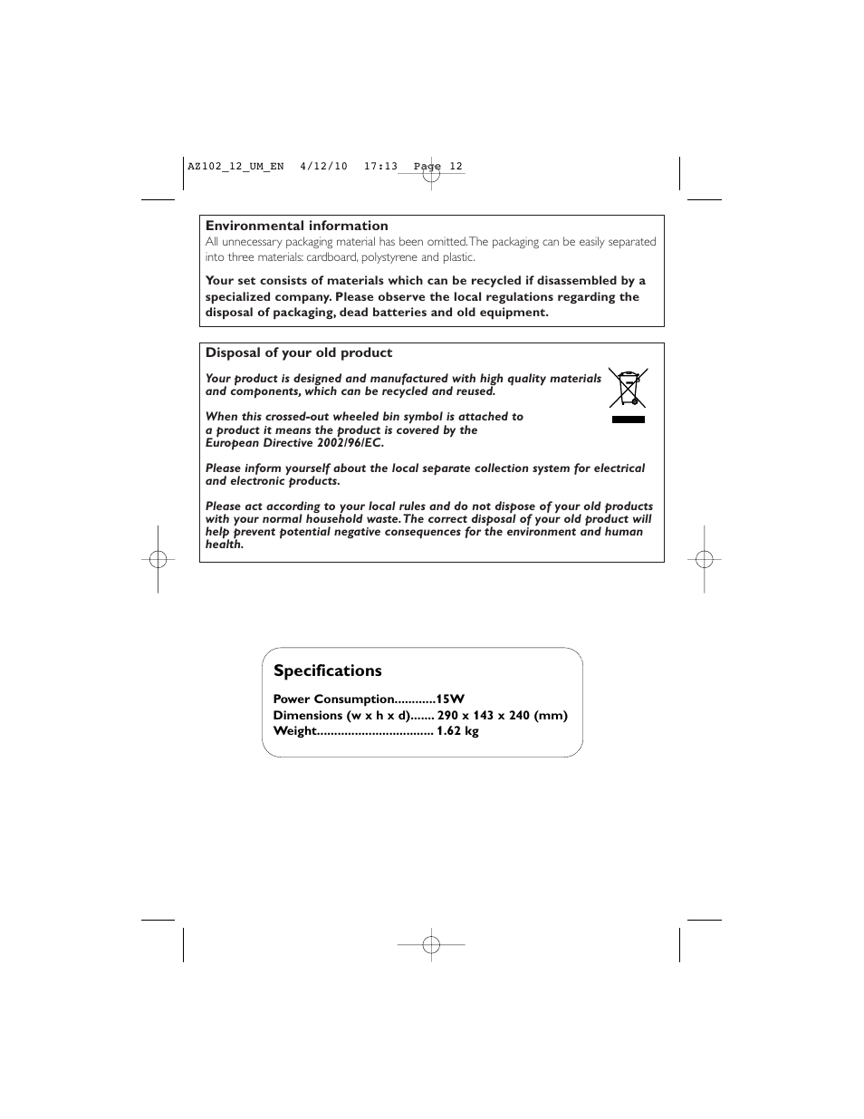 Specifications | Philips AZ102N User Manual | Page 12 / 14