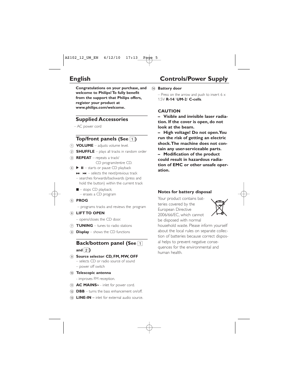 English controls/power supply, Supplied accessories, Top/front panels | Back/bottom panel | Philips AZ102N User Manual | Page 5 / 14