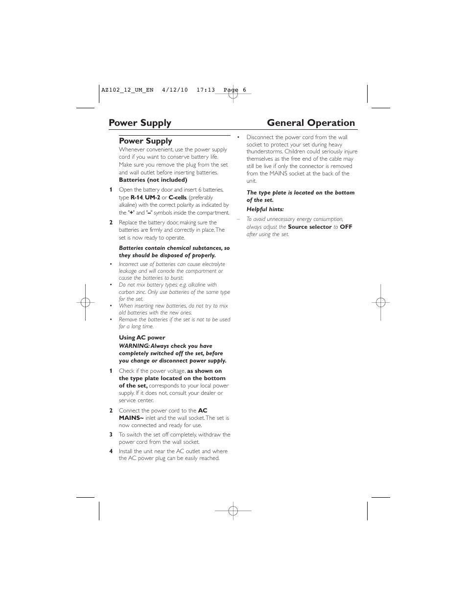 Power supply general operation, Power supply | Philips AZ102N User Manual | Page 6 / 14