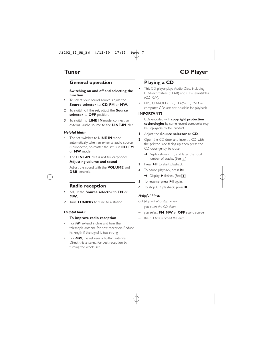 Tuner cd player, General operation, Radio reception | Playing a cd | Philips AZ102N User Manual | Page 7 / 14