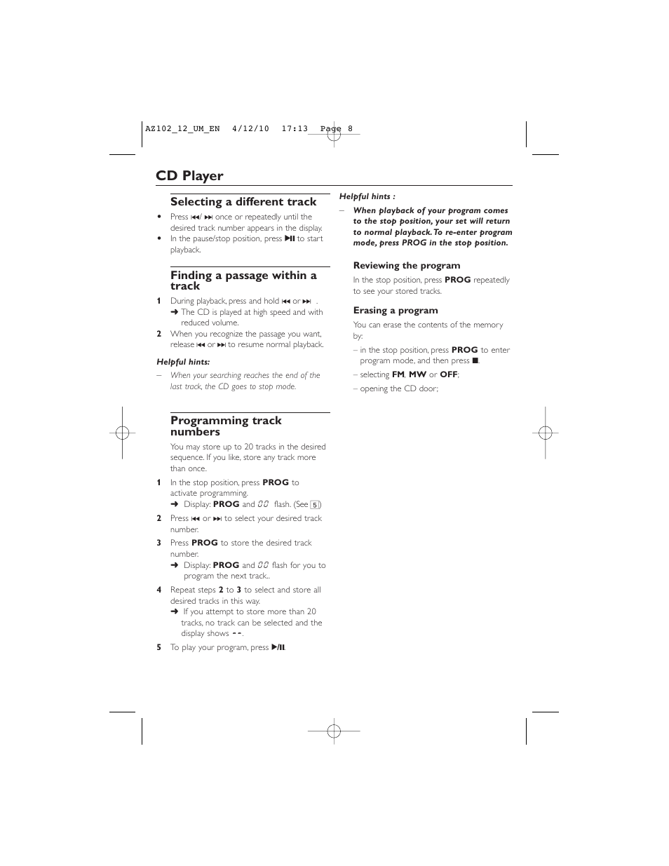Cd player, Selecting a different track, Finding a passage within a track | Programming track numbers | Philips AZ102N User Manual | Page 8 / 14