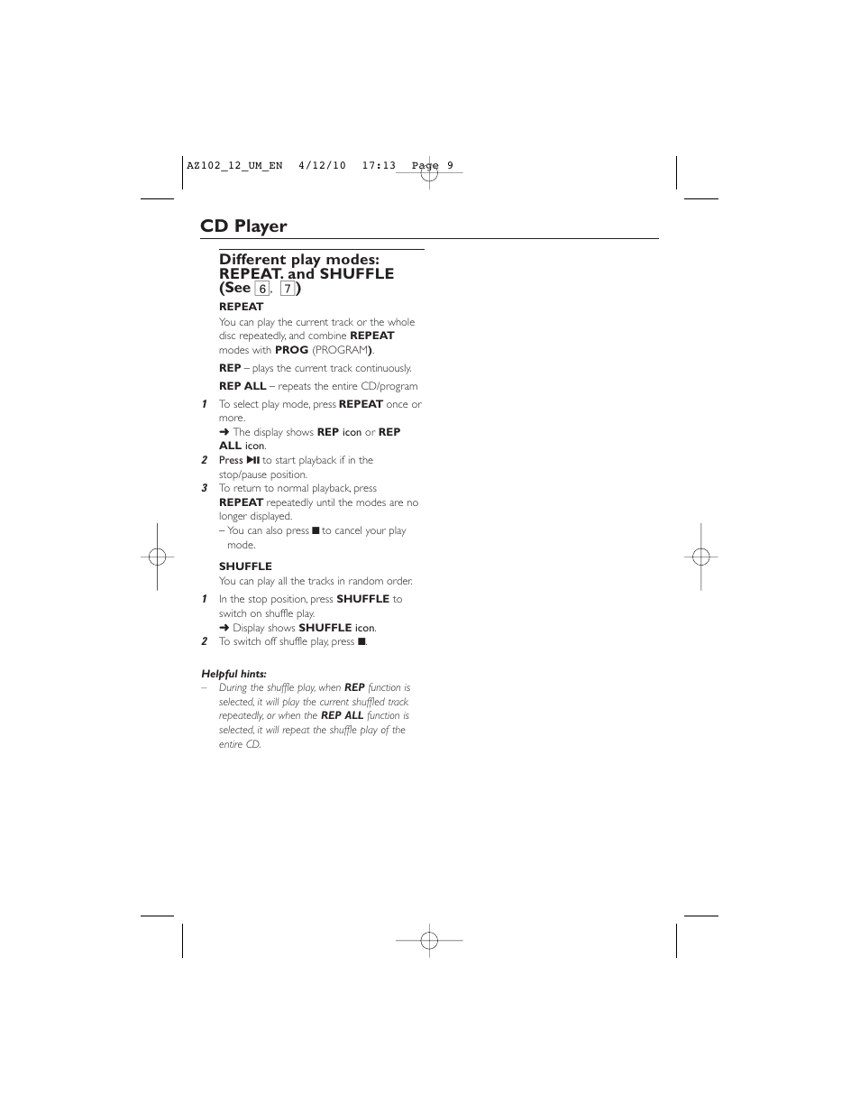 Cd player, Different play modes: repeat. and shuffle (see 6 | Philips AZ102N User Manual | Page 9 / 14