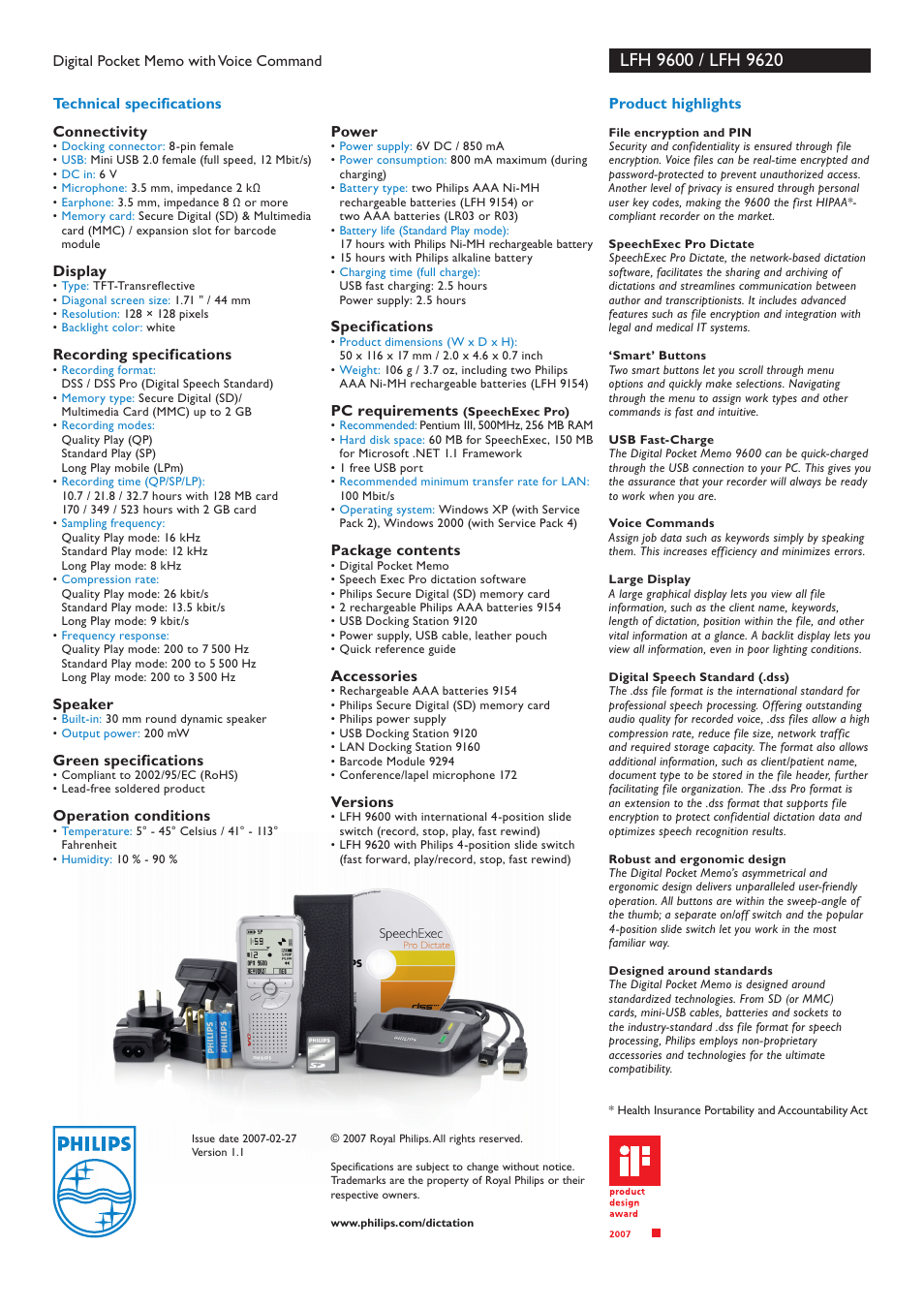 Technical specifications product highlights, Display, Recording specifications | Speaker, Green specifications, Operation conditions, Power, Specifications, Pc requirements, Package contents | Philips LFH 9620 User Manual | Page 2 / 2