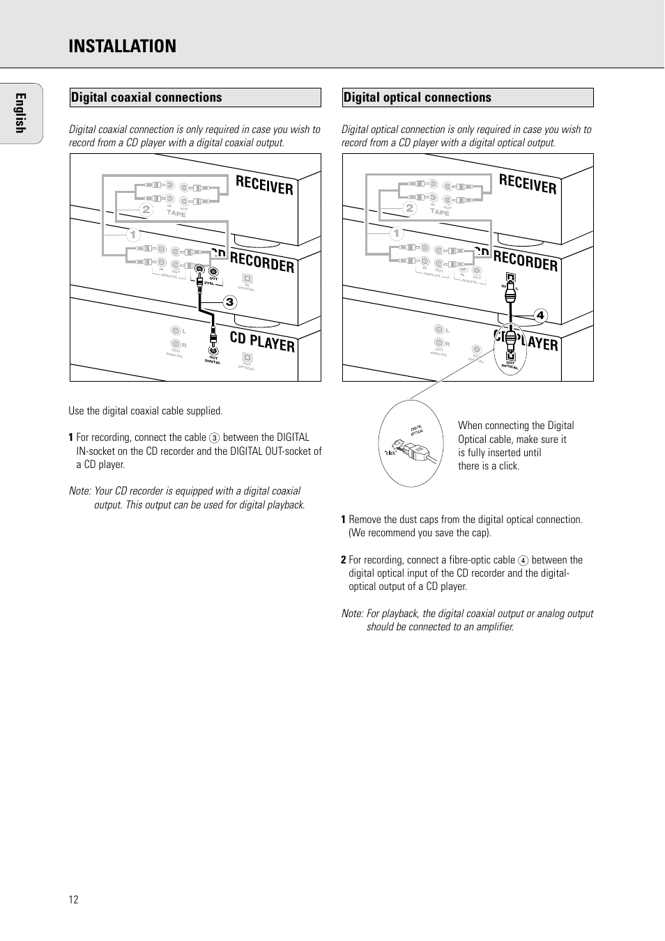 Installation, Cd pla yer, Cd recorder | Receiver, English, Digital optical connections, Digital coaxial connections | Philips CDR770 User Manual | Page 4 / 5