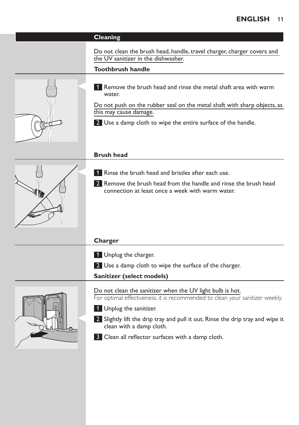 Cleaning, Toothbrush handle, Brush head | Charger, Sanitizer (select models) | Philips FlexCare HX6985 User Manual | Page 11 / 16