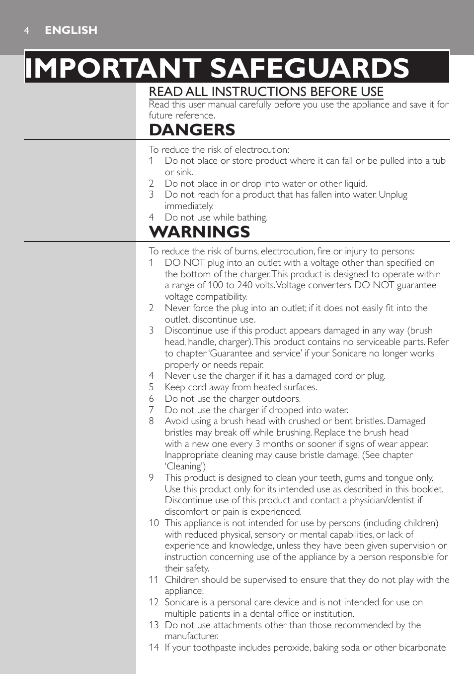 English, Important safeguards, Dangers | Warnings, Read all instructions before use | Philips FlexCare HX6985 User Manual | Page 4 / 16