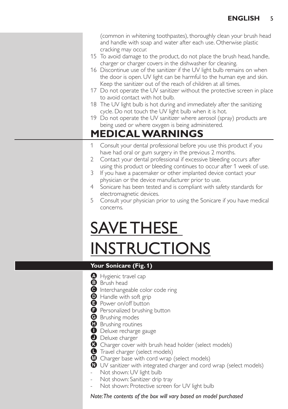 Medical warnings, Your sonicare (fig. 1), Save these instructions | Philips FlexCare HX6985 User Manual | Page 5 / 16