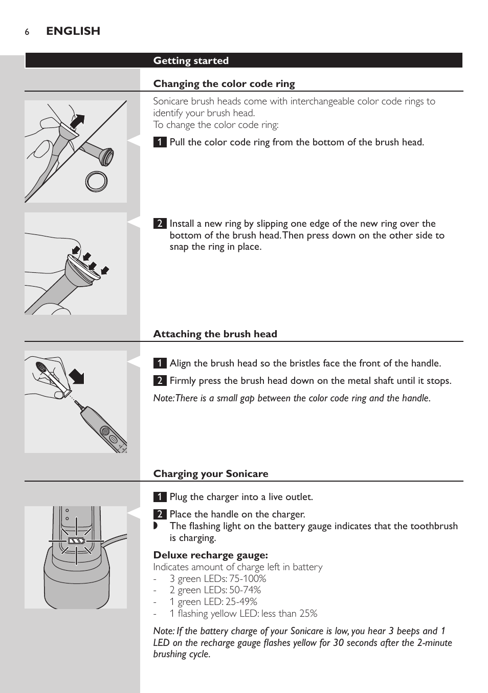 Getting started, Changing the color code ring, Attaching the brush head | Charging your sonicare, Deluxe recharge gauge | Philips FlexCare HX6985 User Manual | Page 6 / 16