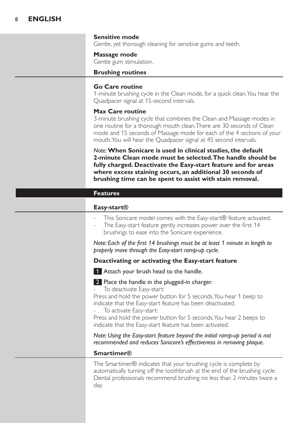 Sensitive mode, Massage mode, Brushing routines | Go care routine, Max care routine, Features, Easy-start, Deactivating or activating the easy-start feature, Smartimer | Philips FlexCare HX6985 User Manual | Page 8 / 16