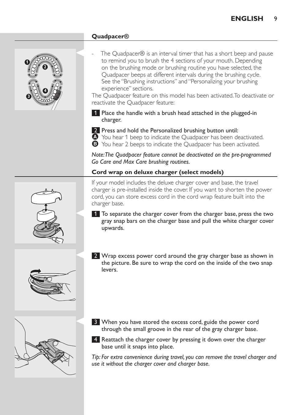 Quadpacer, Cord wrap on deluxe charger (select models) | Philips FlexCare HX6985 User Manual | Page 9 / 16