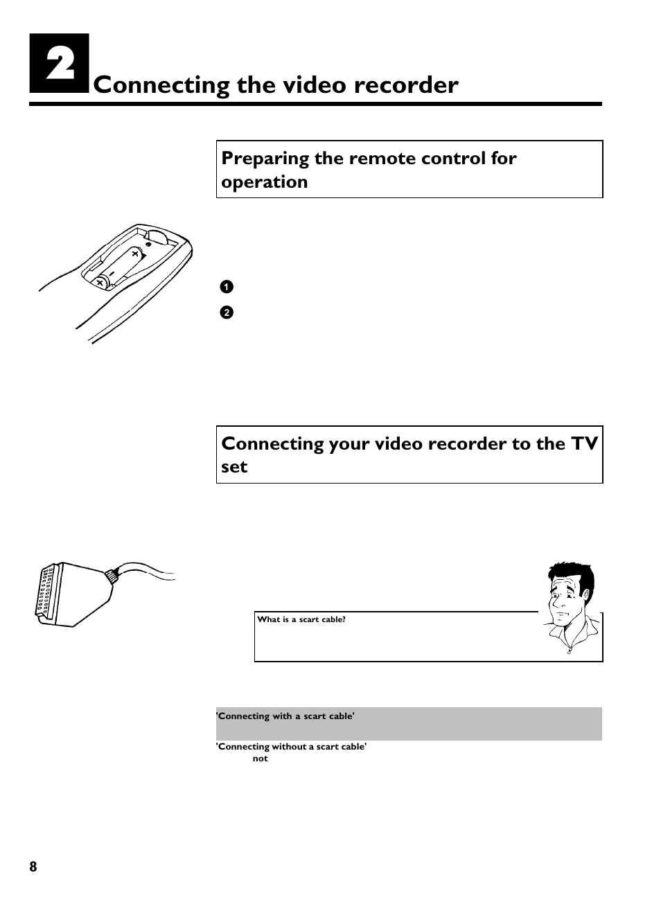 Connecting the video recorder, Preparing the remote control for operation, Connecting your video recorder to the tv set | Philips VR220/07 User Manual | Page 12 / 55