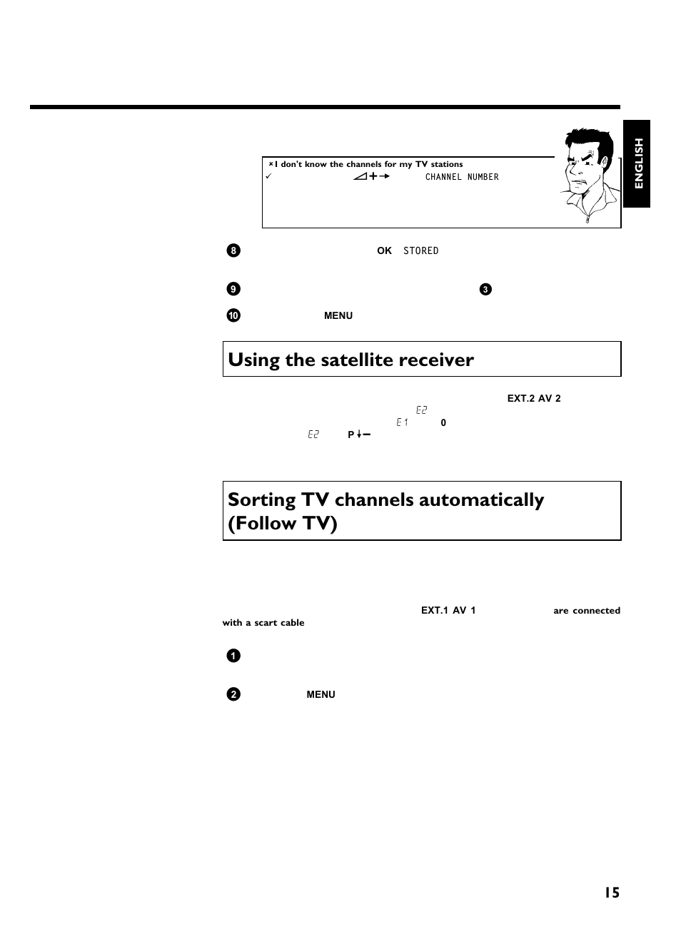 Using the satellite receiver, Sorting tv channels automatically (follow tv), Installing your video recording | Philips VR220/07 User Manual | Page 19 / 55