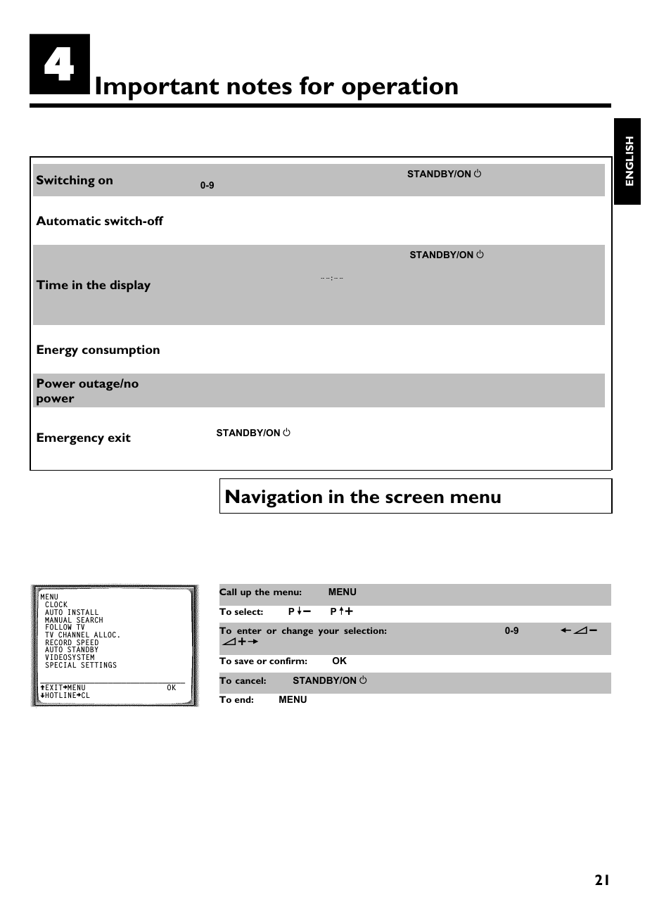 Important notes for operation, Navigation in the screen menu | Philips VR220/07 User Manual | Page 25 / 55