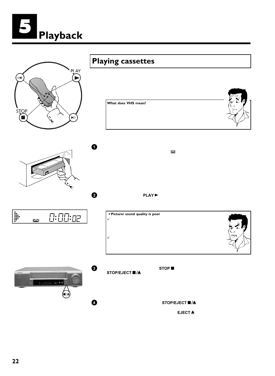 Playback, Playing cassettes | Philips VR220/07 User Manual | Page 26 / 55