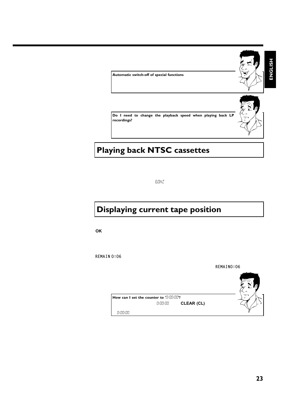 Playing back ntsc cassettes, Displaying current tape position, Playback | Philips VR220/07 User Manual | Page 27 / 55