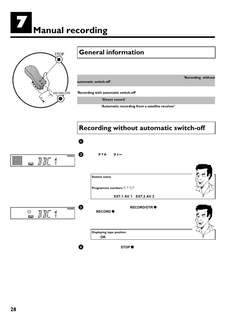 Manual recording, General information, Recording without automatic switch-off | Bbc1, Recording without automatic switch off | Philips VR220/07 User Manual | Page 32 / 55