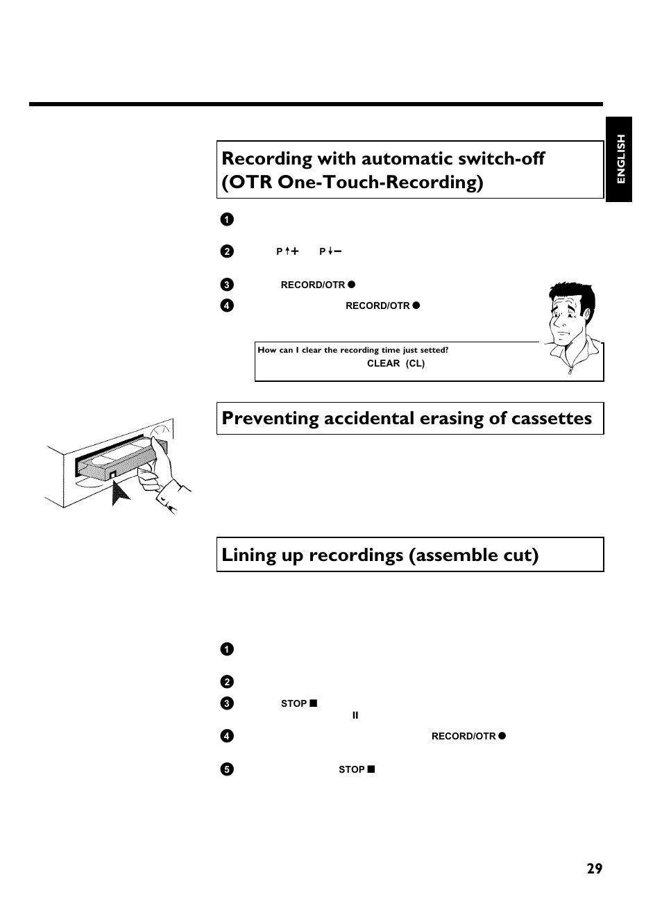 Preventing accidental erasing of cassettes, Lining up recordings (assemble cut), Manual recording | Philips VR220/07 User Manual | Page 33 / 55