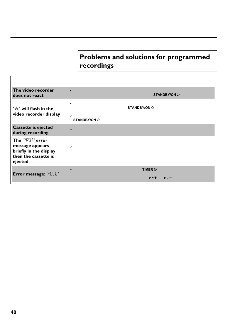 Problems and solutions for programmed recordings, Problem solution, Programming a recording (timer) | Philips VR220/07 User Manual | Page 44 / 55