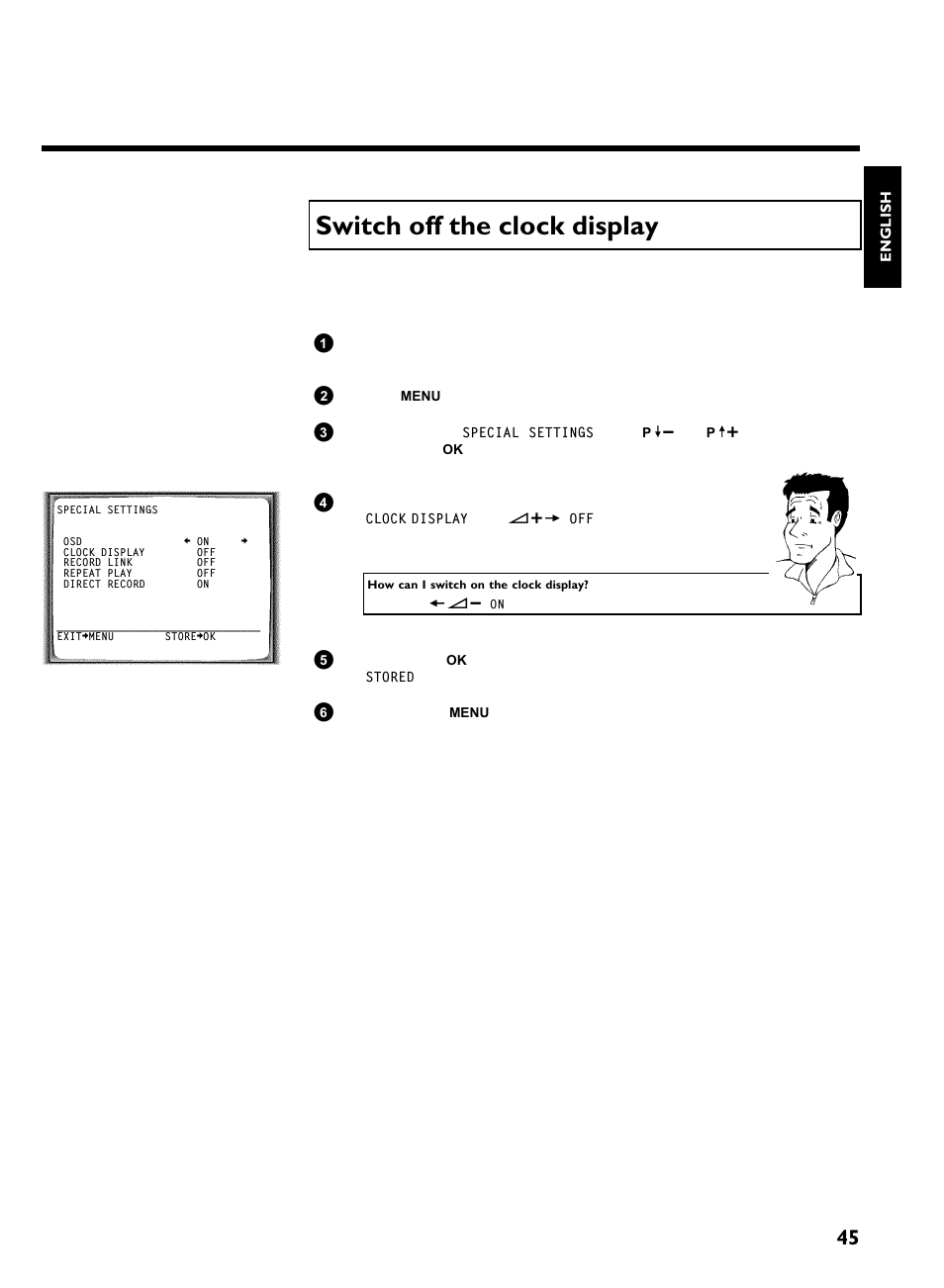 Switch off the clock display, Other functions | Philips VR220/07 User Manual | Page 49 / 55