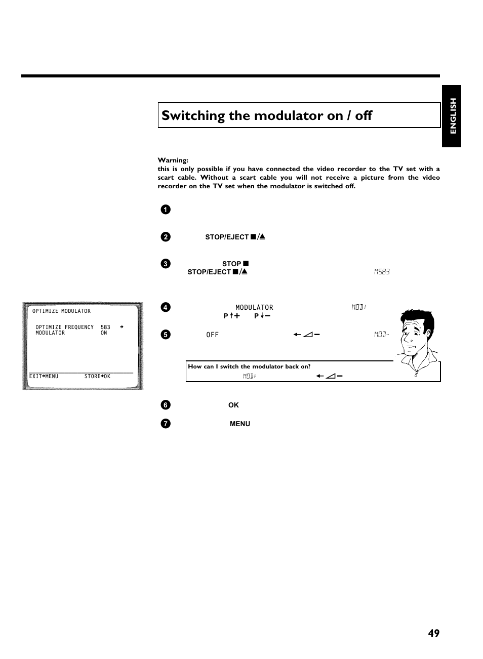 Switching the modulator on / off, Suppressing interference | Philips VR220/07 User Manual | Page 53 / 55