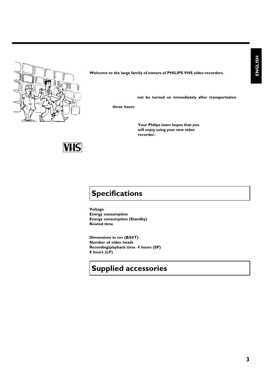 Specifications, Supplied accessories, Introduction | Philips VR220/07 User Manual | Page 7 / 55