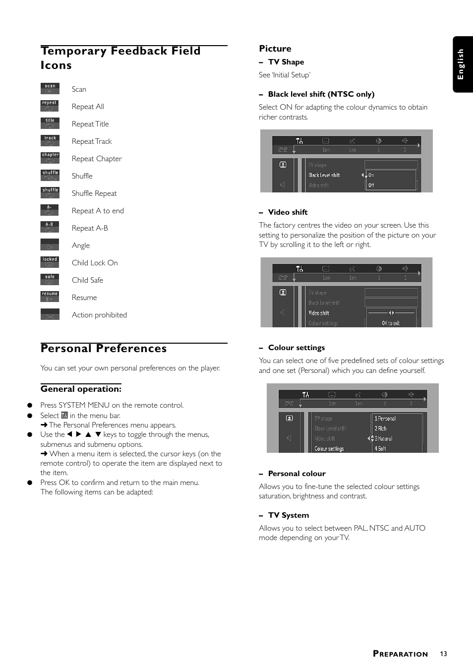 Temporary feedback field icons, Personal preferences | Philips DVD762/001 User Manual | Page 13 / 24