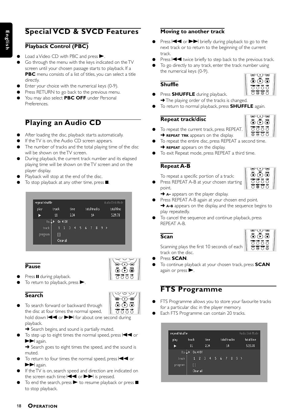 Special vcd & svcd features, Playing an audio cd, Fts programme | Philips DVD762/001 User Manual | Page 18 / 24