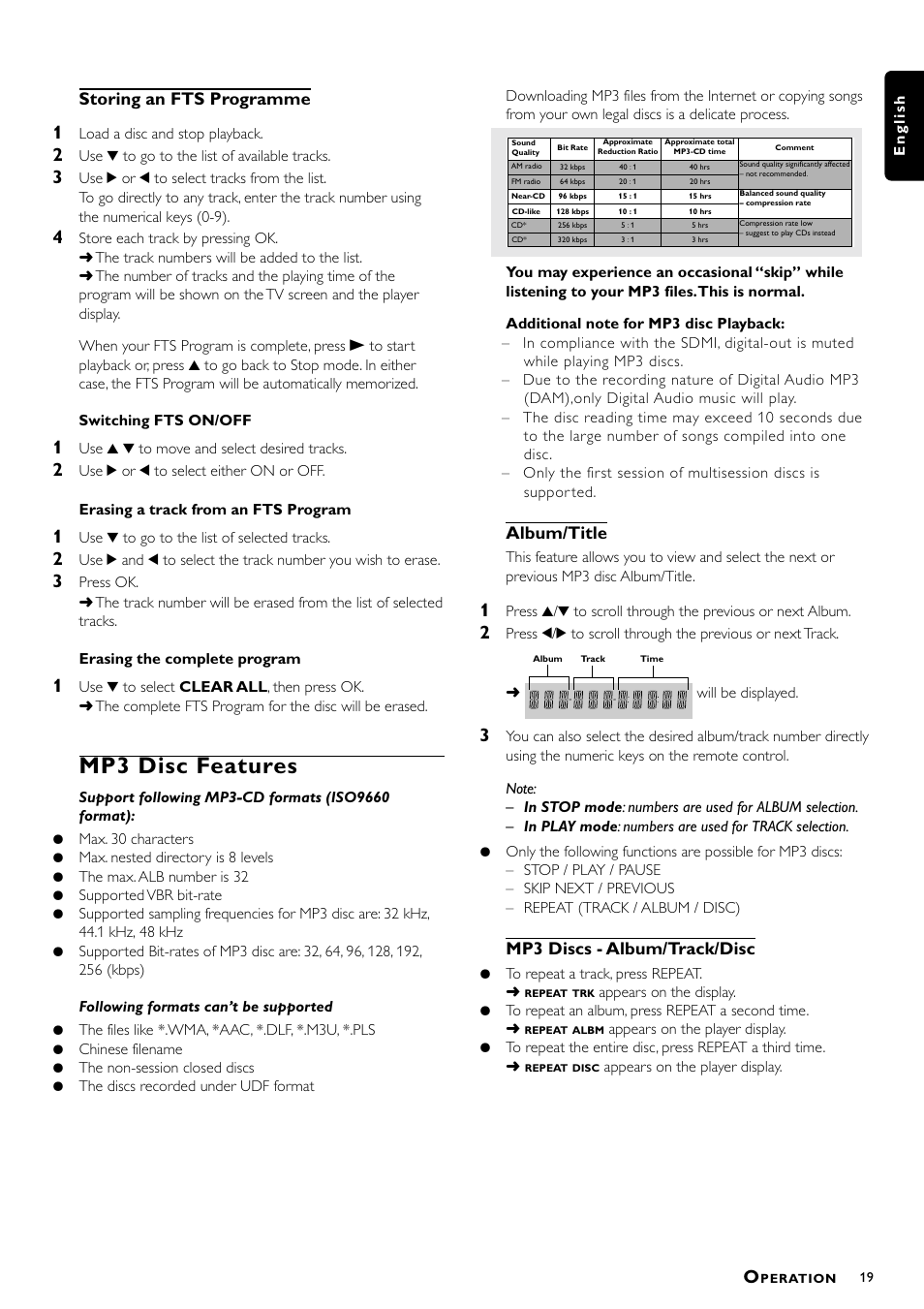 Mp3 disc features, Storing an fts programme, Album/title | Mp3 discs - album/track/disc | Philips DVD762/001 User Manual | Page 19 / 24