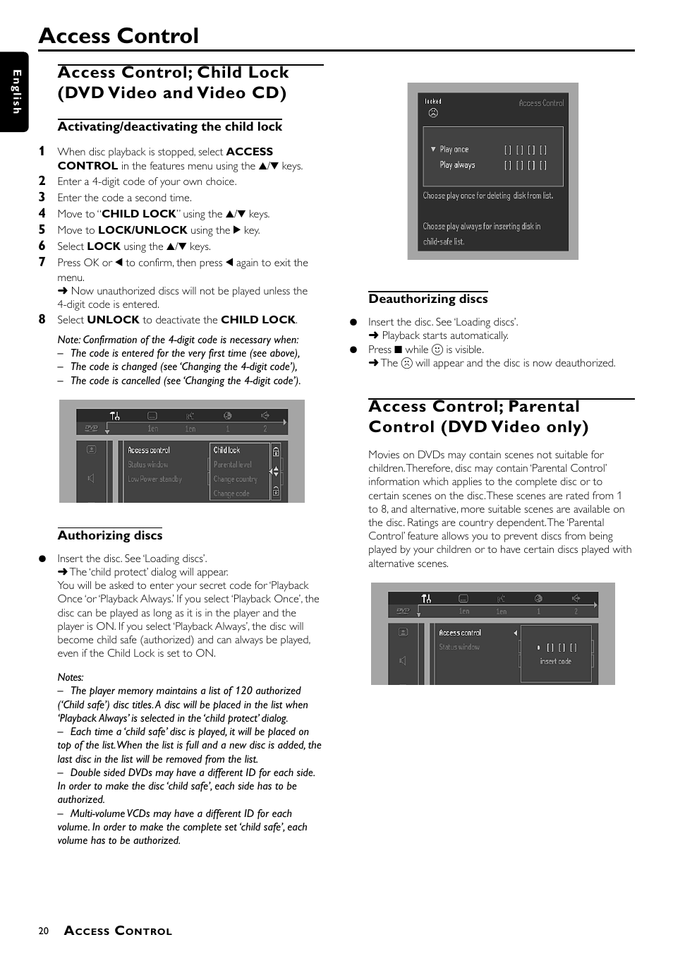 Access control, Access control; parental control (dvd video only) | Philips DVD762/001 User Manual | Page 20 / 24