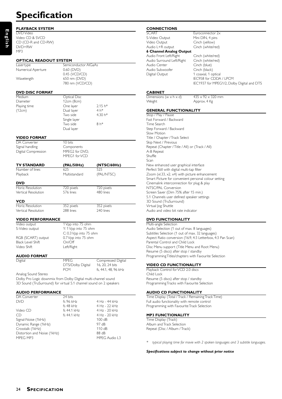 Specification, English | Philips DVD762/001 User Manual | Page 24 / 24