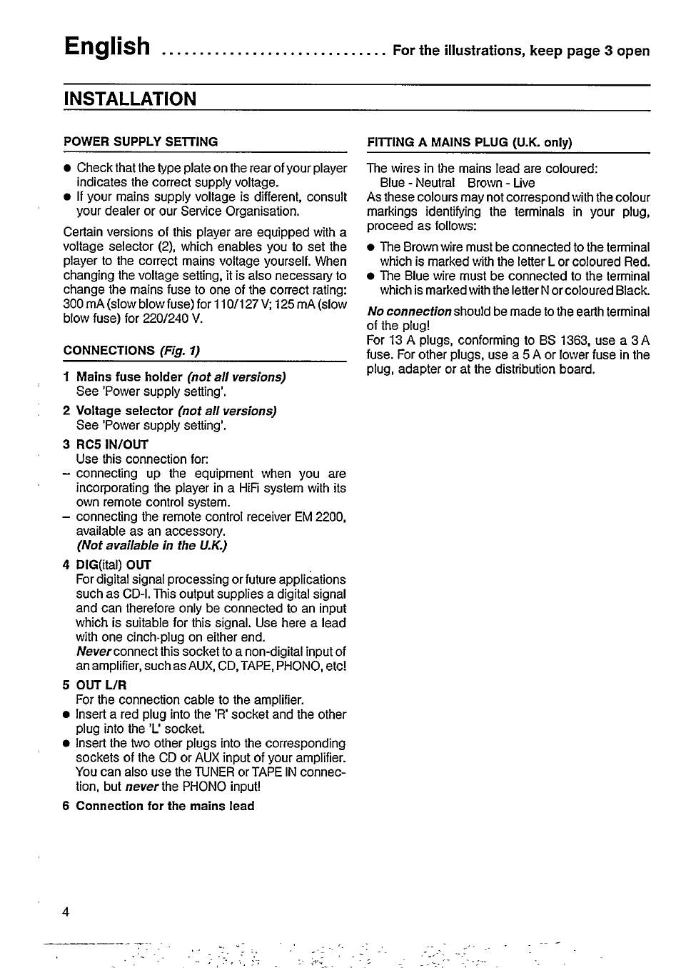 English, Installation | Philips CD 824 User Manual | Page 4 / 15