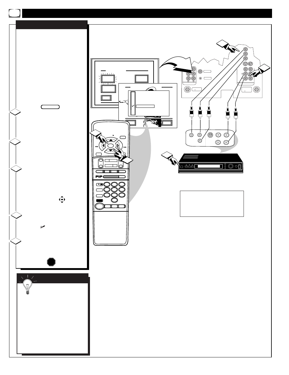Sing the, Udio, Ideo | Nput, Acks, Continued, Video out jacks from the dvd player to the (y p, Stop, Mart | Philips 9P6044C1 User Manual | Page 36 / 60