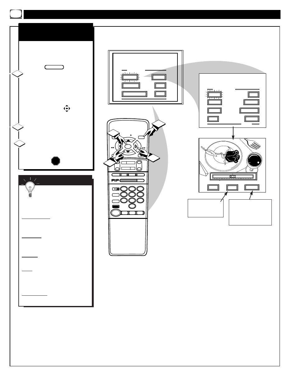 Icture, Ontrol, Djustments | 12 3 s, Color, brightness, sharpness, tint, picture stop | Philips 9P6044C1 User Manual | Page 6 / 60