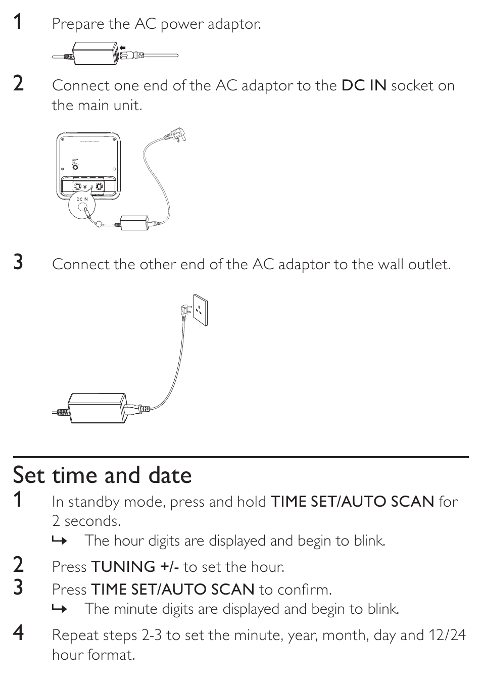Set time and date | Philips DC315/05 User Manual | Page 10 / 21
