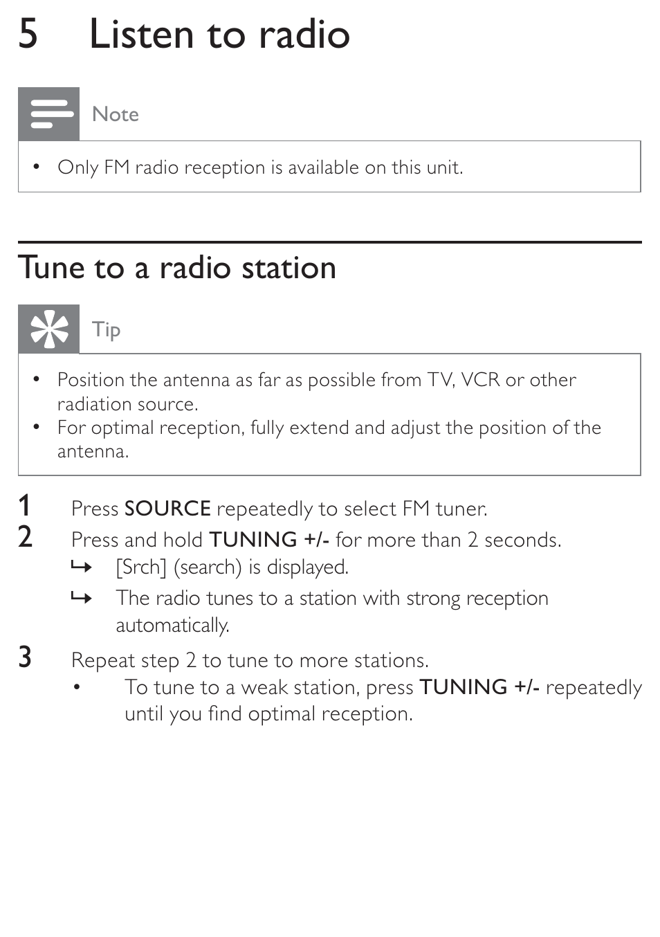 5 listen to radio, Tune to a radio station | Philips DC315/05 User Manual | Page 14 / 21