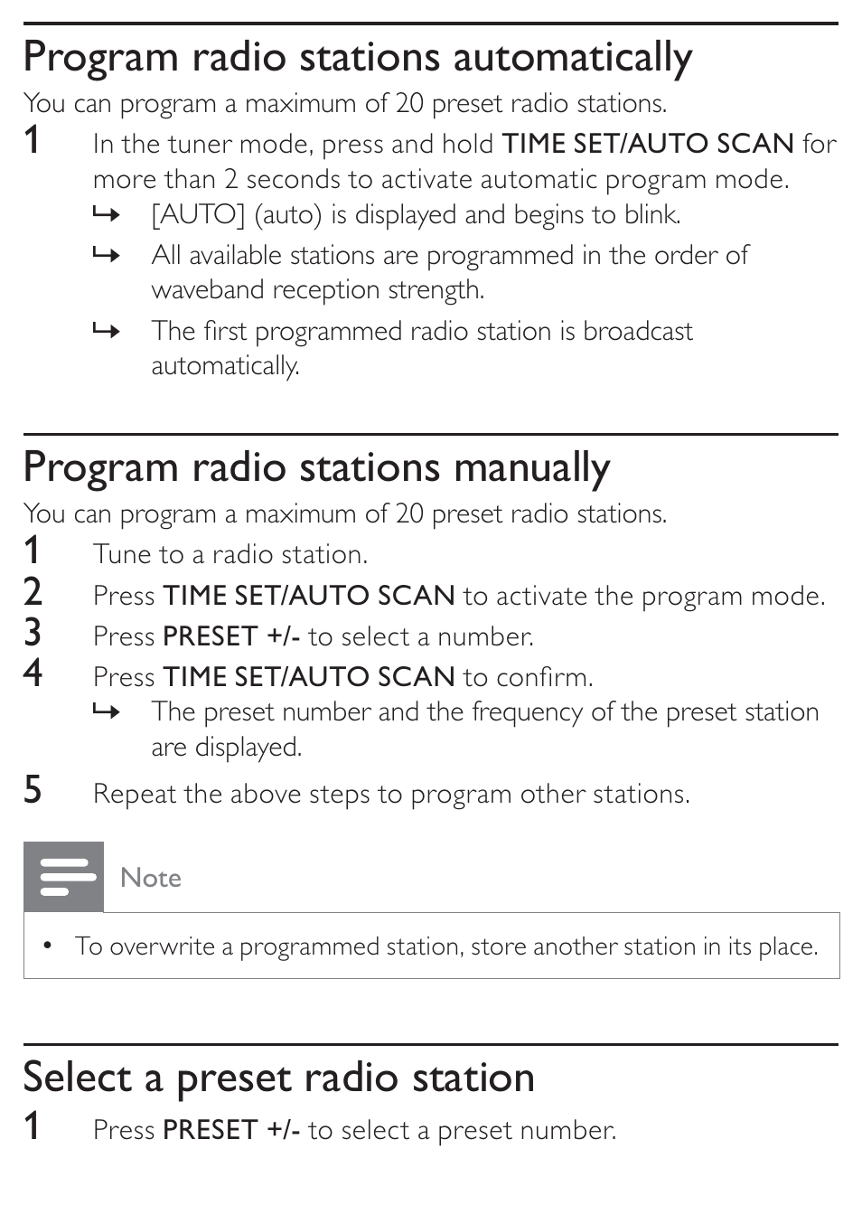 Program radio stations automatically, Program radio stations manually, Select a preset radio station | Philips DC315/05 User Manual | Page 15 / 21