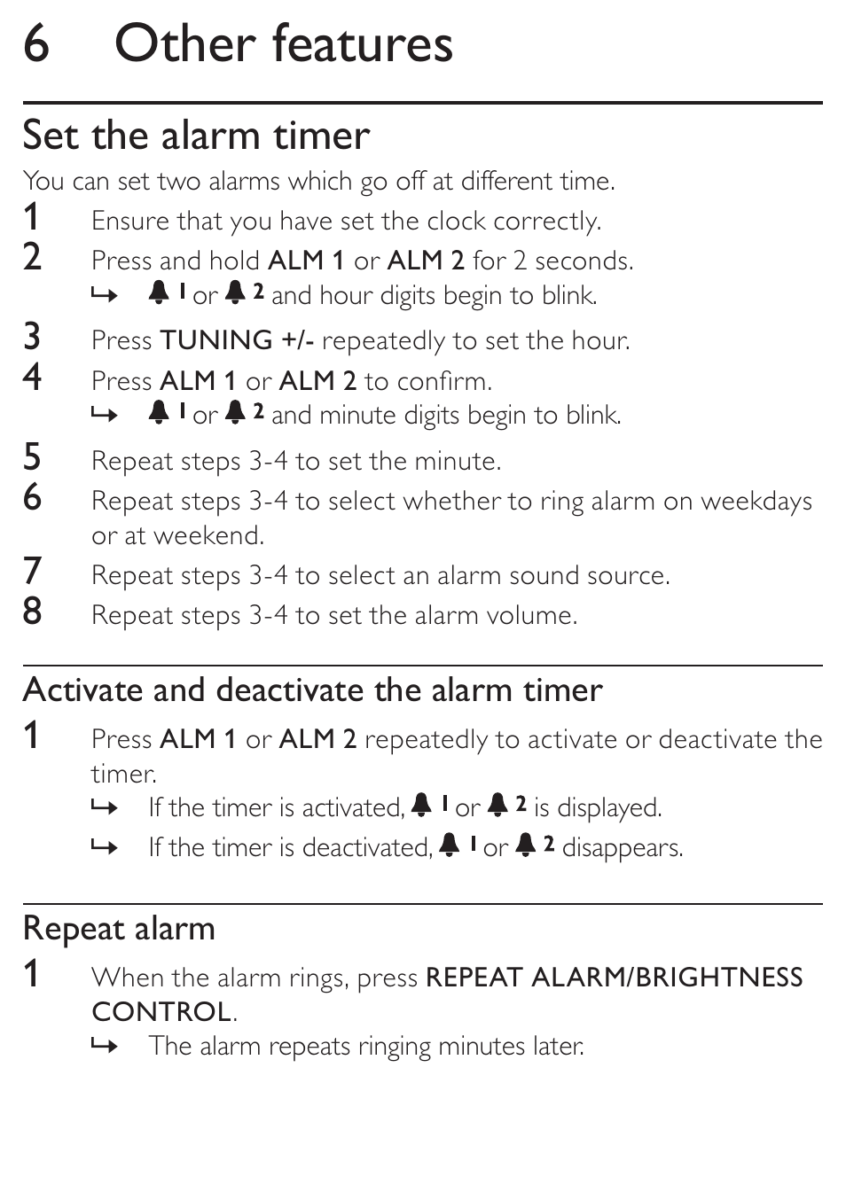 6 other features, Set the alarm timer | Philips DC315/05 User Manual | Page 16 / 21
