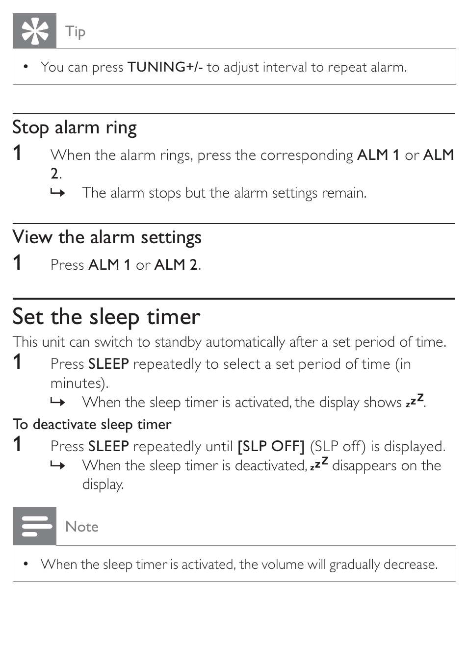 Set the sleep timer, Stop alarm ring, View the alarm settings | Philips DC315/05 User Manual | Page 17 / 21